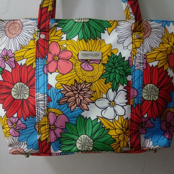 CHOCOLATE NEW YORK EUC FORAL TOTE BAG ZIPPER CLOSURE BEAUTIFUL COLORS VERY CLEAN - Picture 4 of 13